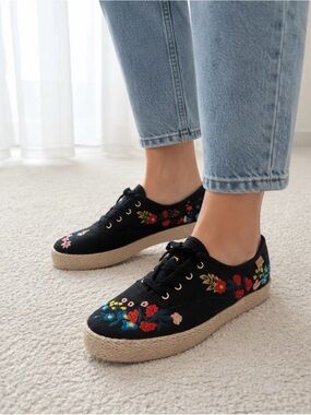 Keds Black Floral Embroidered Platform Sneakers